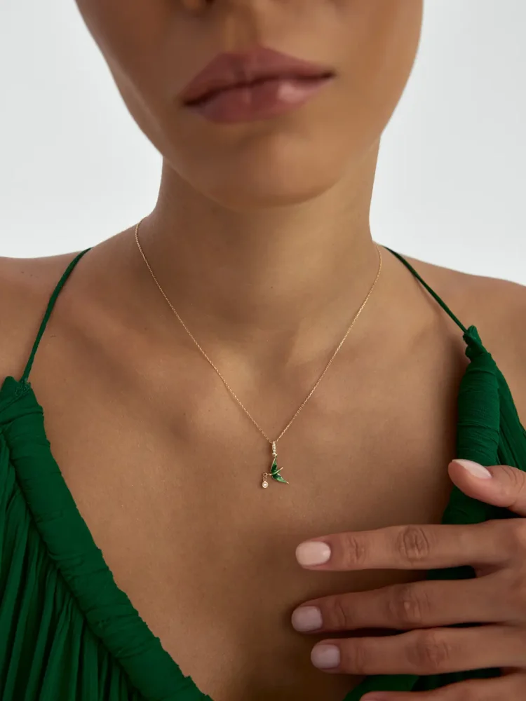 Kırlangıç Figürlü Tektaş Detaylı 14K Altın Kolye - 3