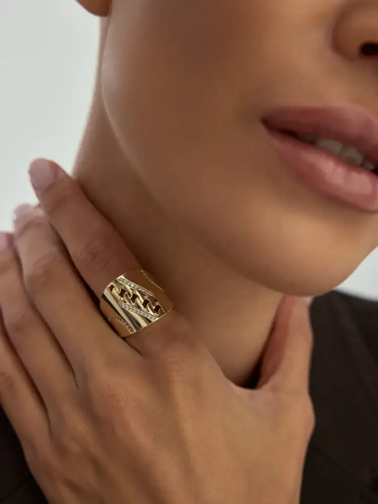 Küba Zincir Motifli Taşlı 14K Altın Yüzük - 2