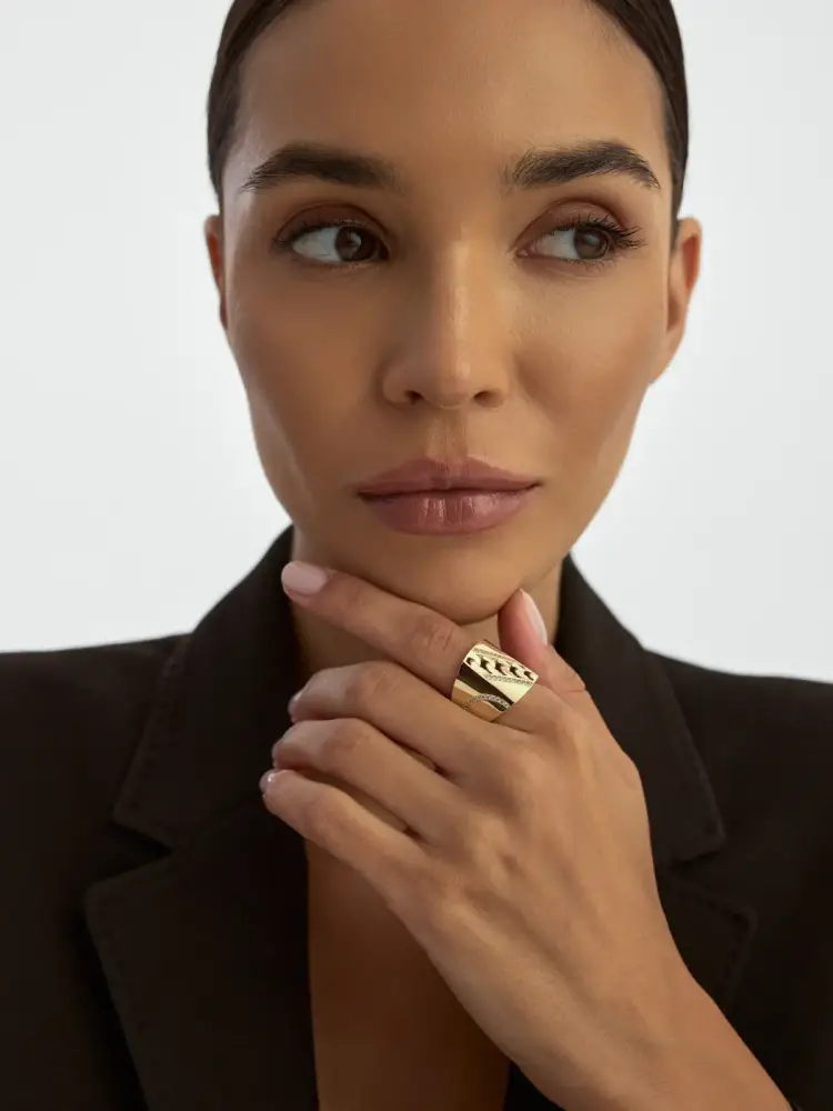 Küba Zincir Motifli Taşlı 14K Altın Yüzük - 5