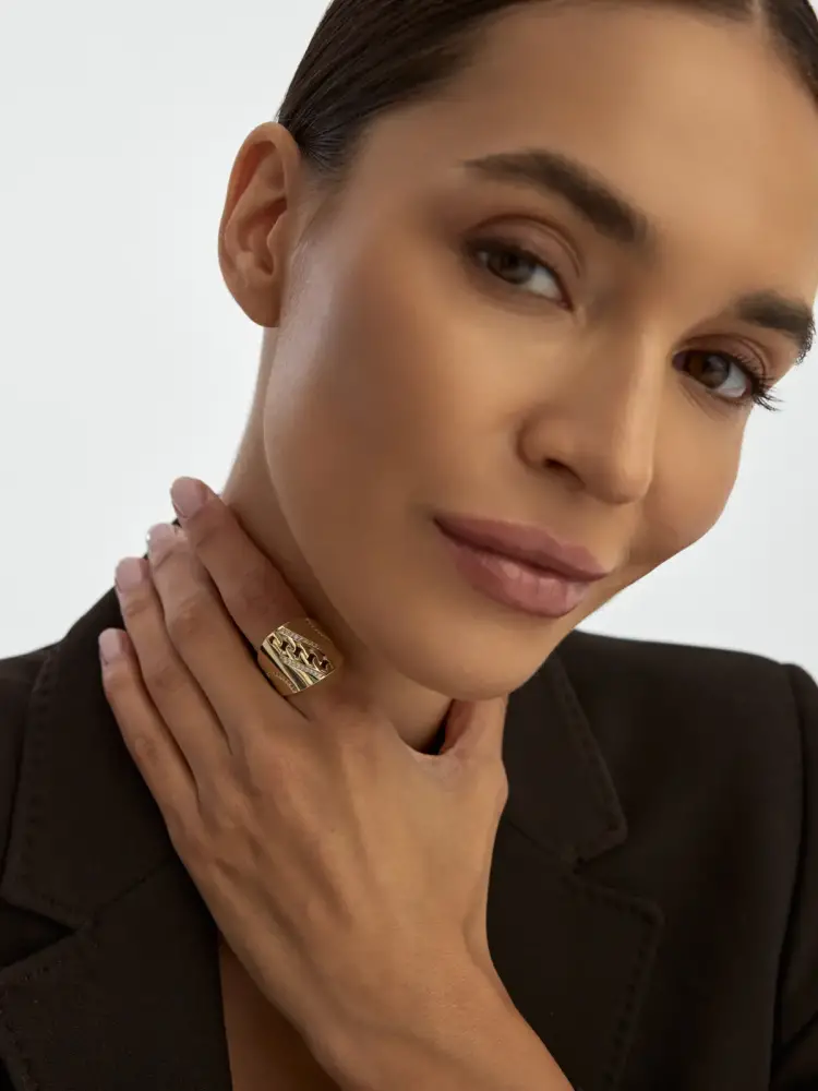 Küba Zincir Motifli Taşlı 14K Altın Yüzük - 4