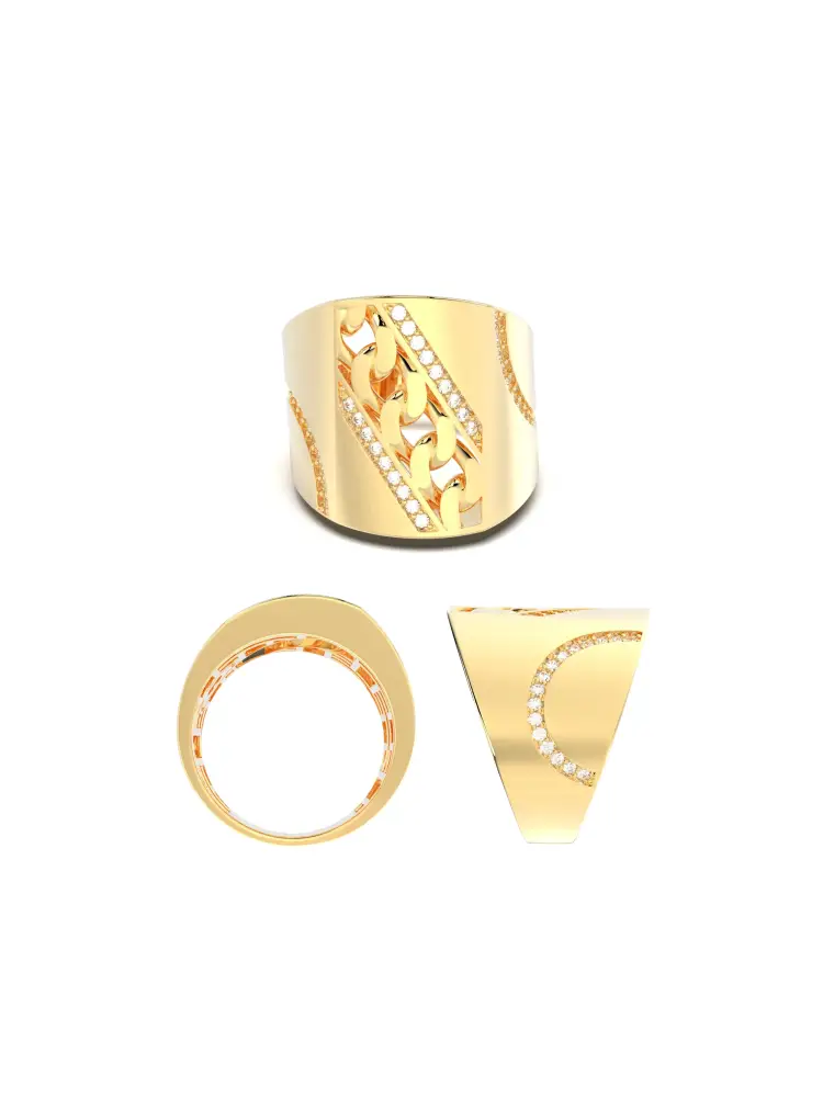 Küba Zincir Motifli Taşlı 14K Altın Yüzük - 9