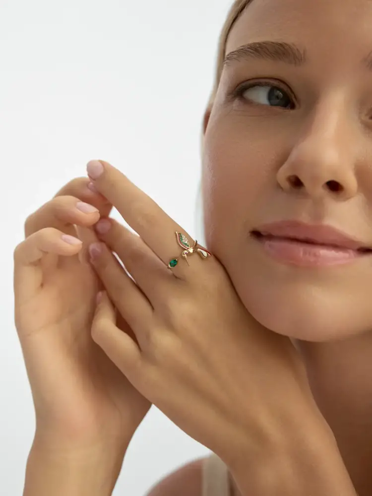 Kuş Figürlü Yeşil Taşlı 14K Altın Yüzük - 4