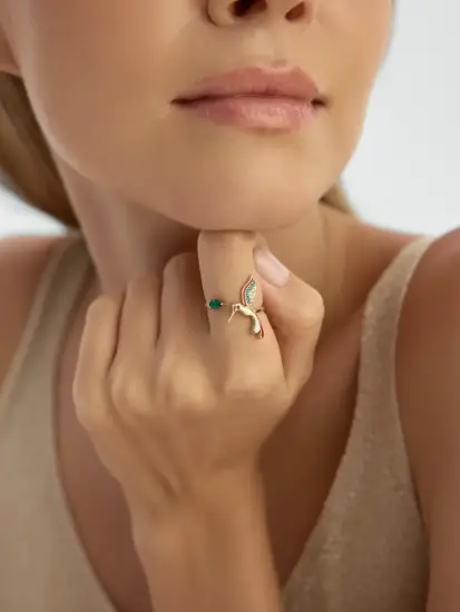 Kuş Figürlü Yeşil Taşlı 14K Altın Yüzük - (1)