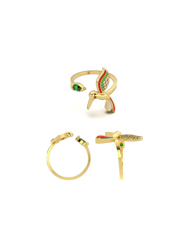 Kuş Figürlü Yeşil Taşlı 14K Altın Yüzük - 8