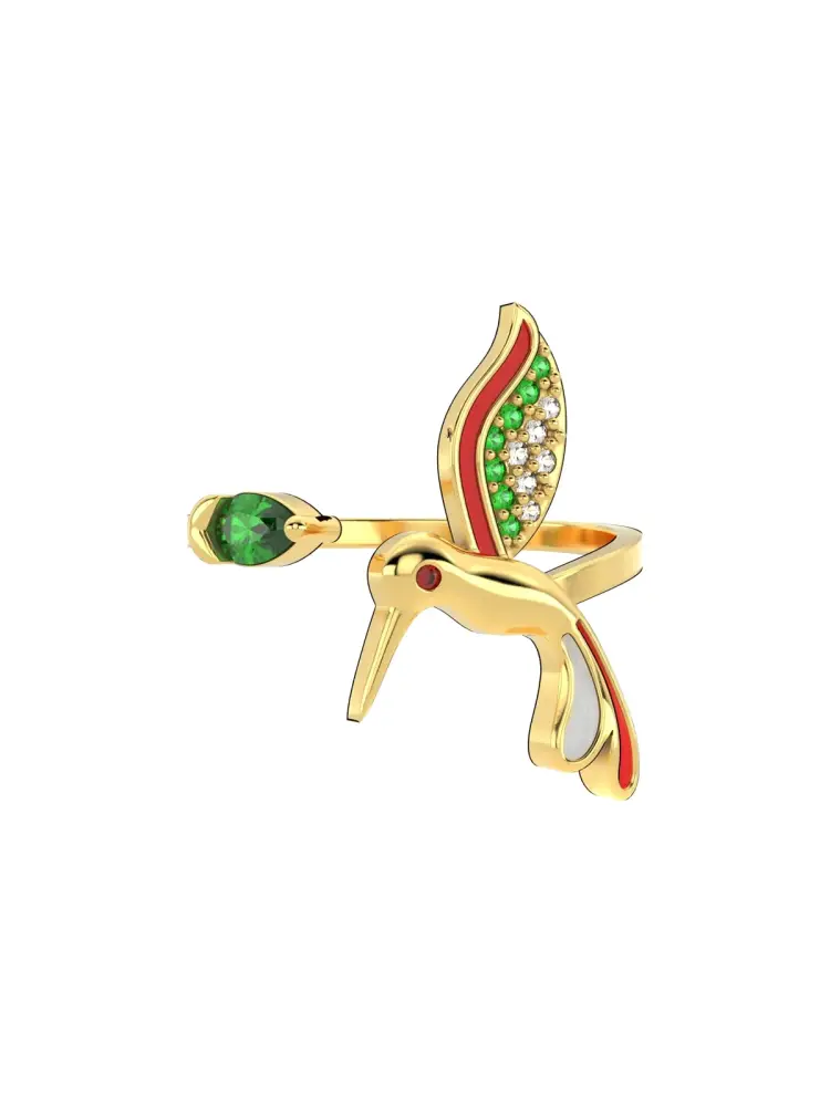 Kuş Figürlü Yeşil Taşlı 14K Altın Yüzük - 5