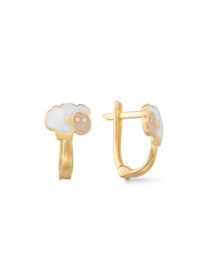 14K Gold Enamel Lamb Kids Earrings - 