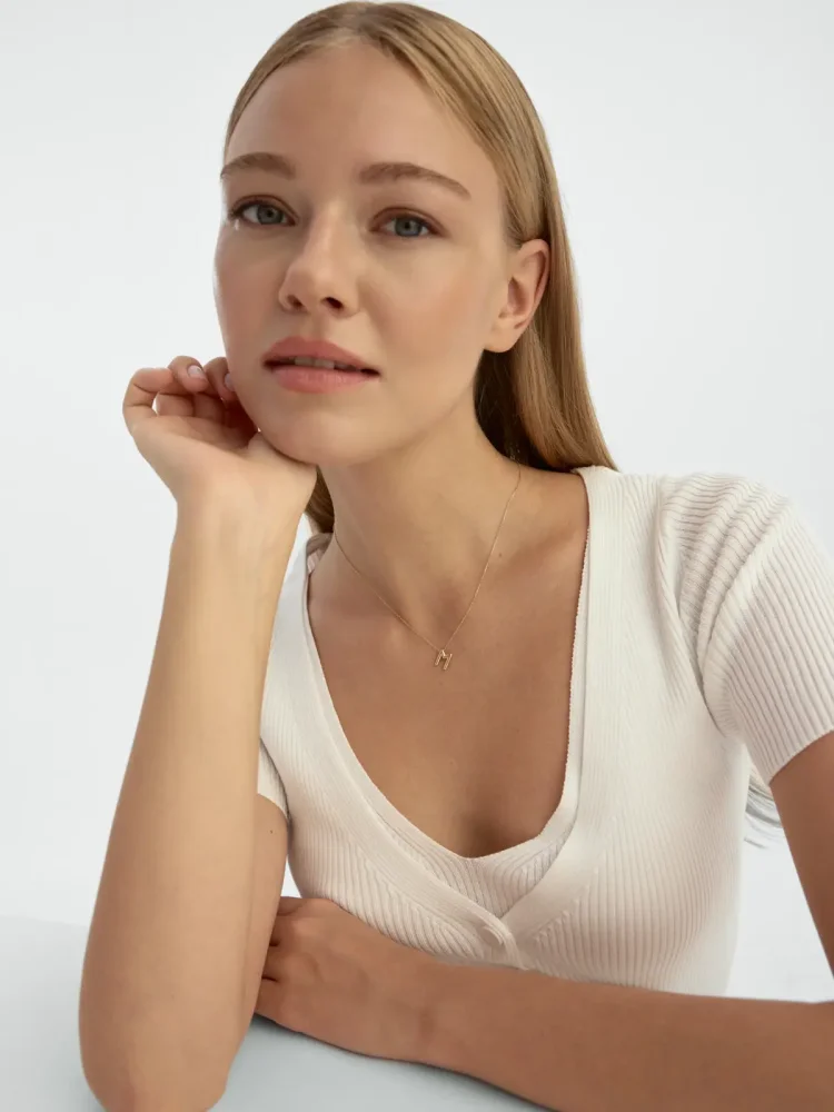 M Harfi Sade 14K Altın Harf Kolye - 5