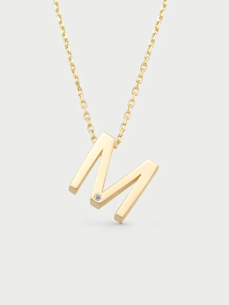 M Harfi Taşlı 14K Altın Harf Kolye - 1