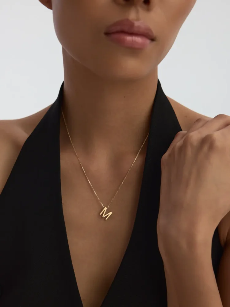 M Harfi Taşlı 14K Altın Harf Kolye - 2