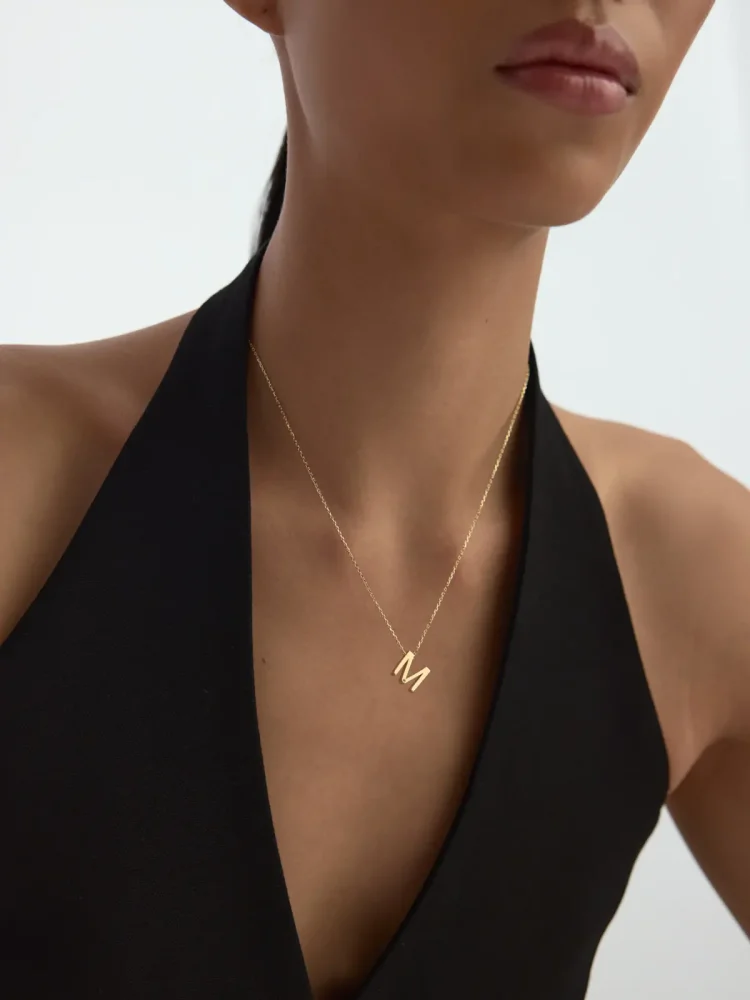 M Harfi Taşlı 14K Altın Harf Kolye - 3