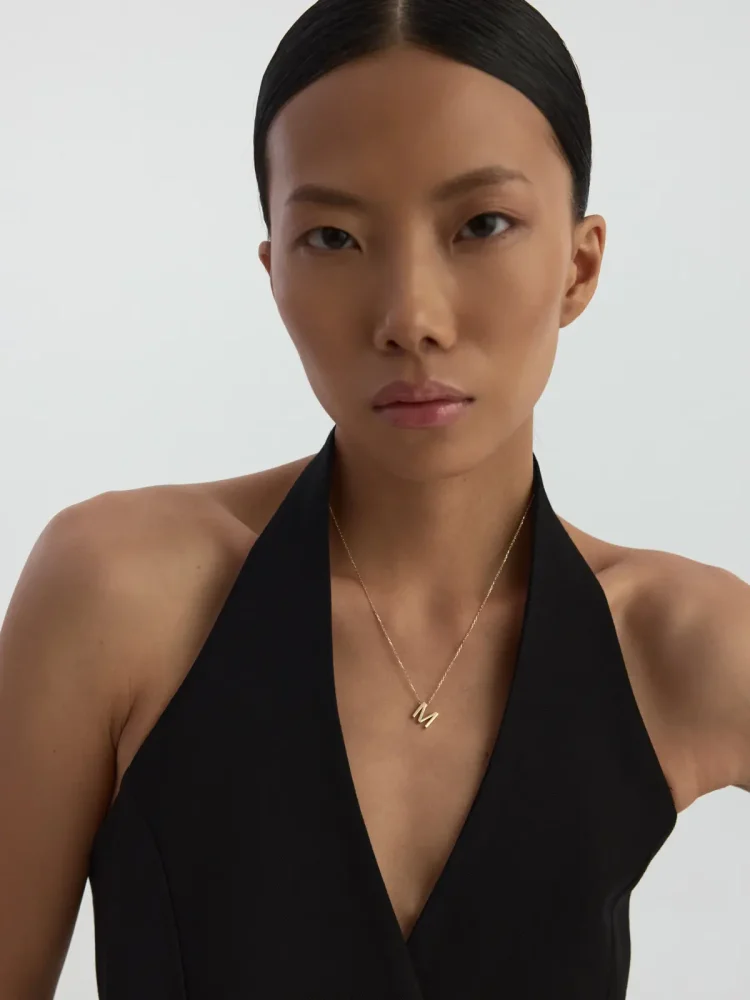 M Harfi Taşlı 14K Altın Harf Kolye - 4