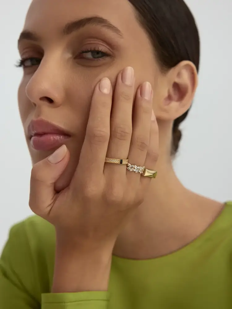 Marquise ve Yuvarlak Taşlı Modern 14K Altın Yüzük - 3