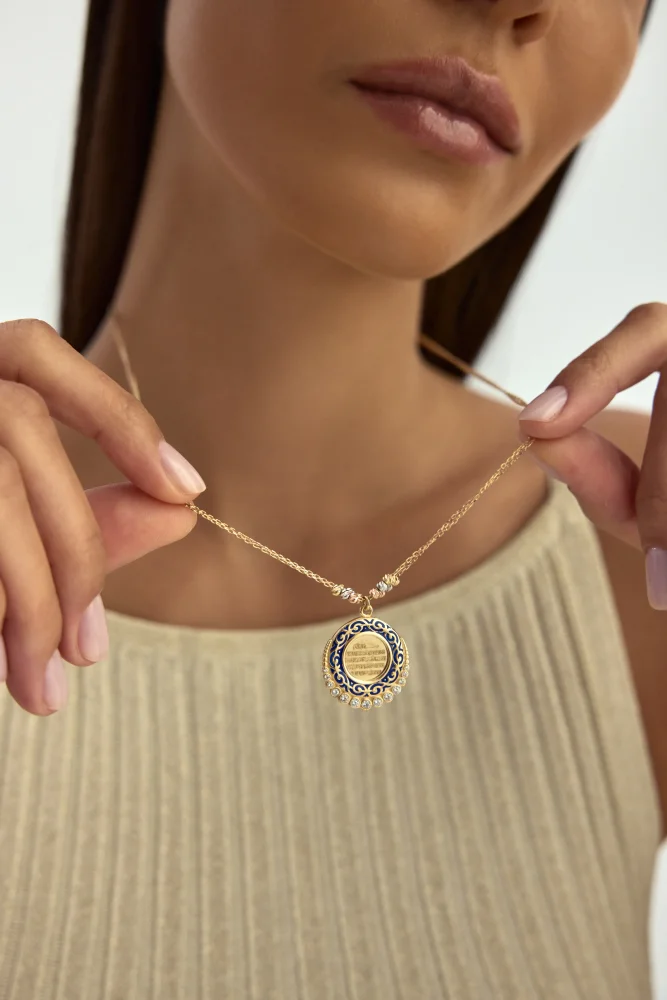 Mineli Dorika Toplu Ayetel Kürsî yazılı Taşlı 14K Altın Kolye - 2