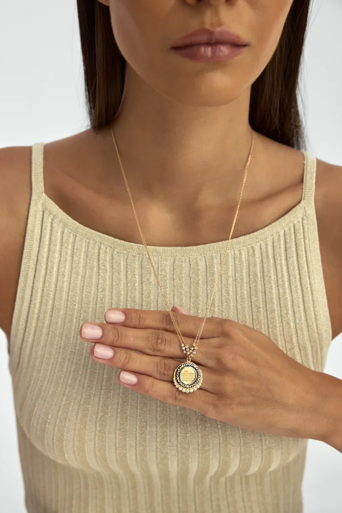 Mineli Dorika Toplu Ayetel Kürsî yazılı Taşlı 14K Altın Kolye - 3