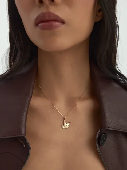 Mineli Üçan Kuş Figürlü 14K Altın Kolye - (1)