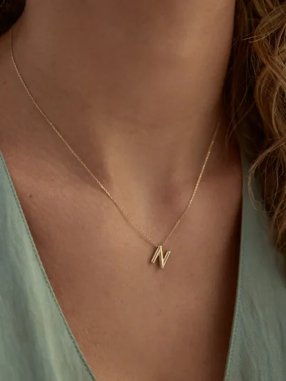 N Harfi Sade 14K Altın Harf Kolye - (1)