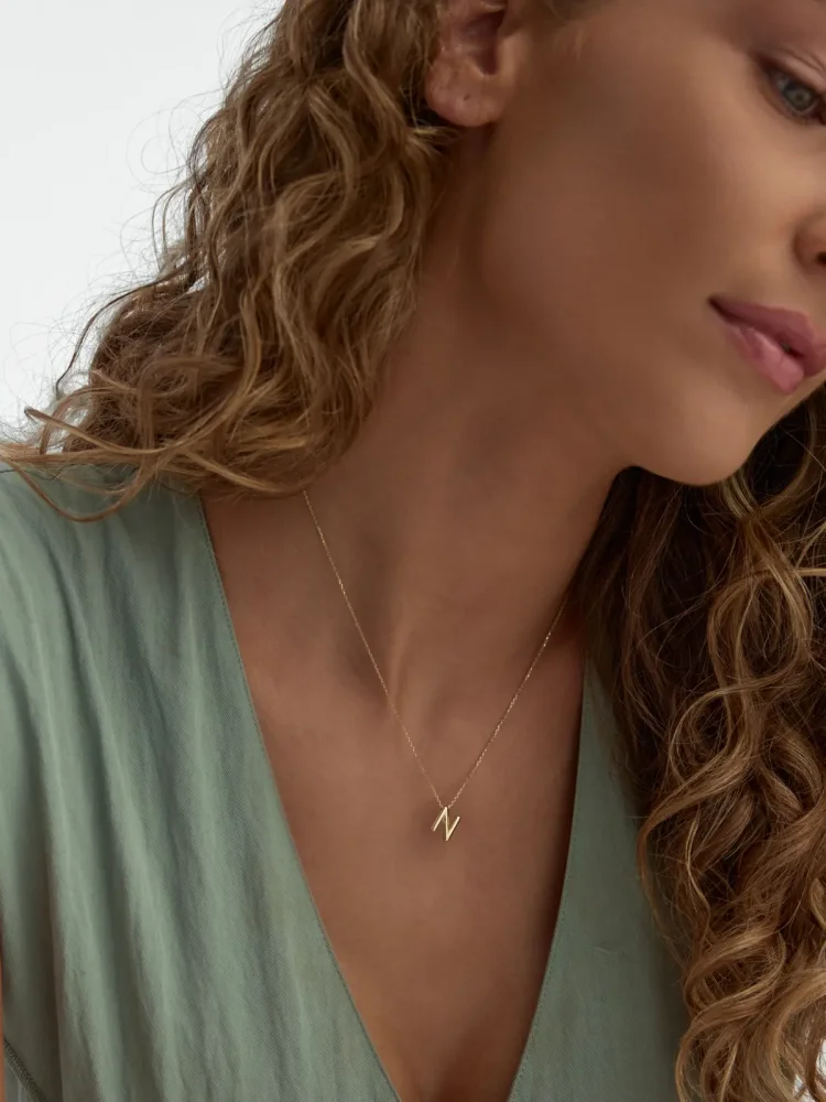 N Harfi Sade 14K Altın Harf Kolye - 3