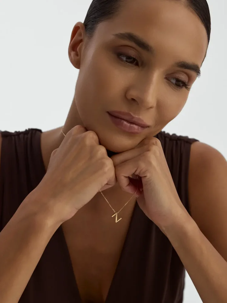 N Harfi Taşlı 14K Altın Harf Kolye - 2