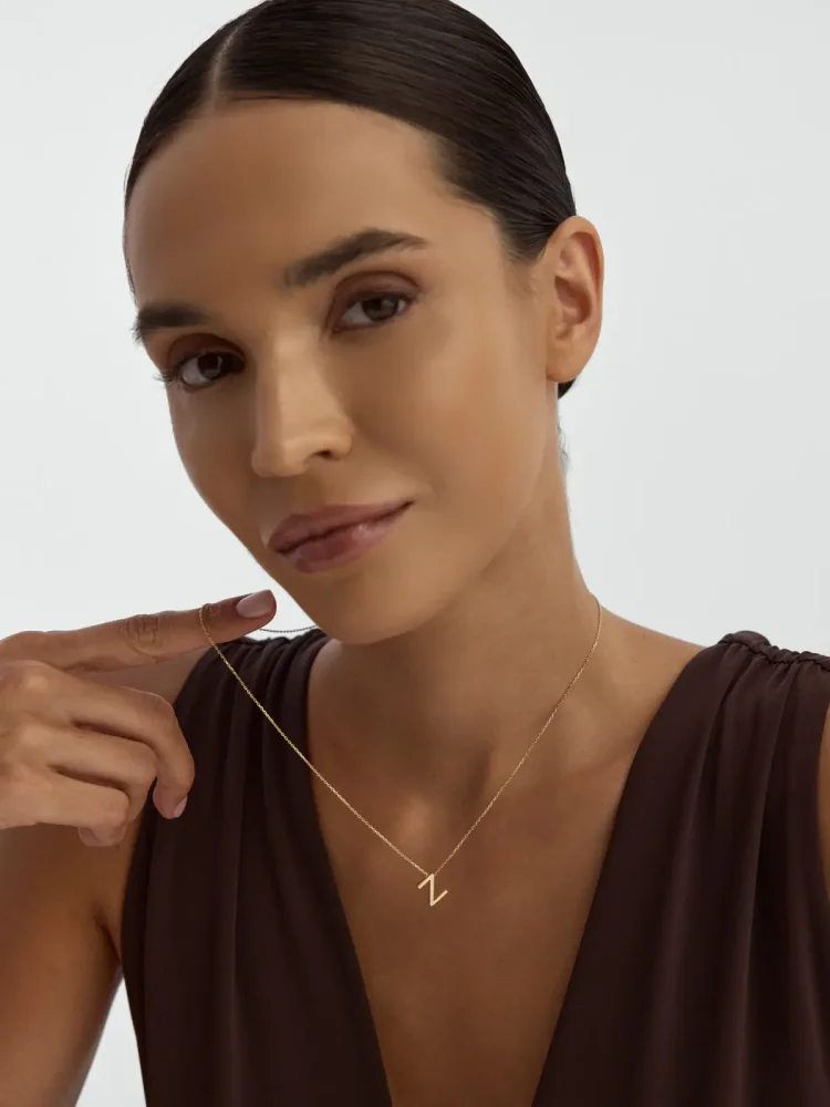 N Harfi Taşlı 14K Altın Harf Kolye - 3