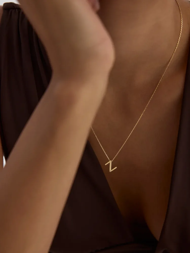 N Harfi Taşlı 14K Altın Harf Kolye - 4