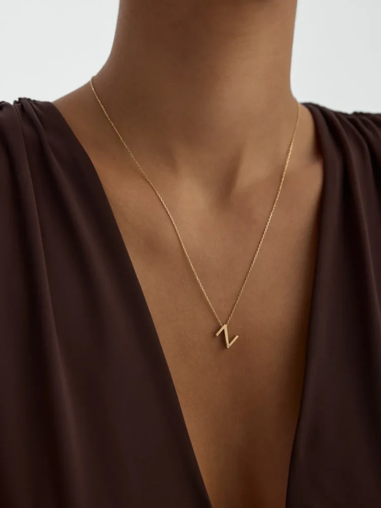 N Harfi Taşlı 14K Altın Harf Kolye - 5