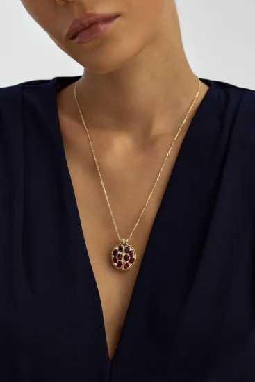 Nar Figürlü Taşlı 14K Altın Kolye - (1)