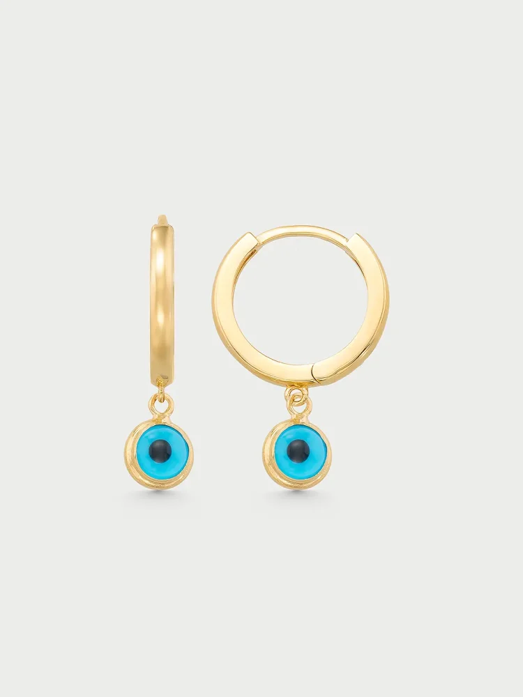 Nazar Boncuklu Sallantılı Halka 14K Altın Küpe - 1