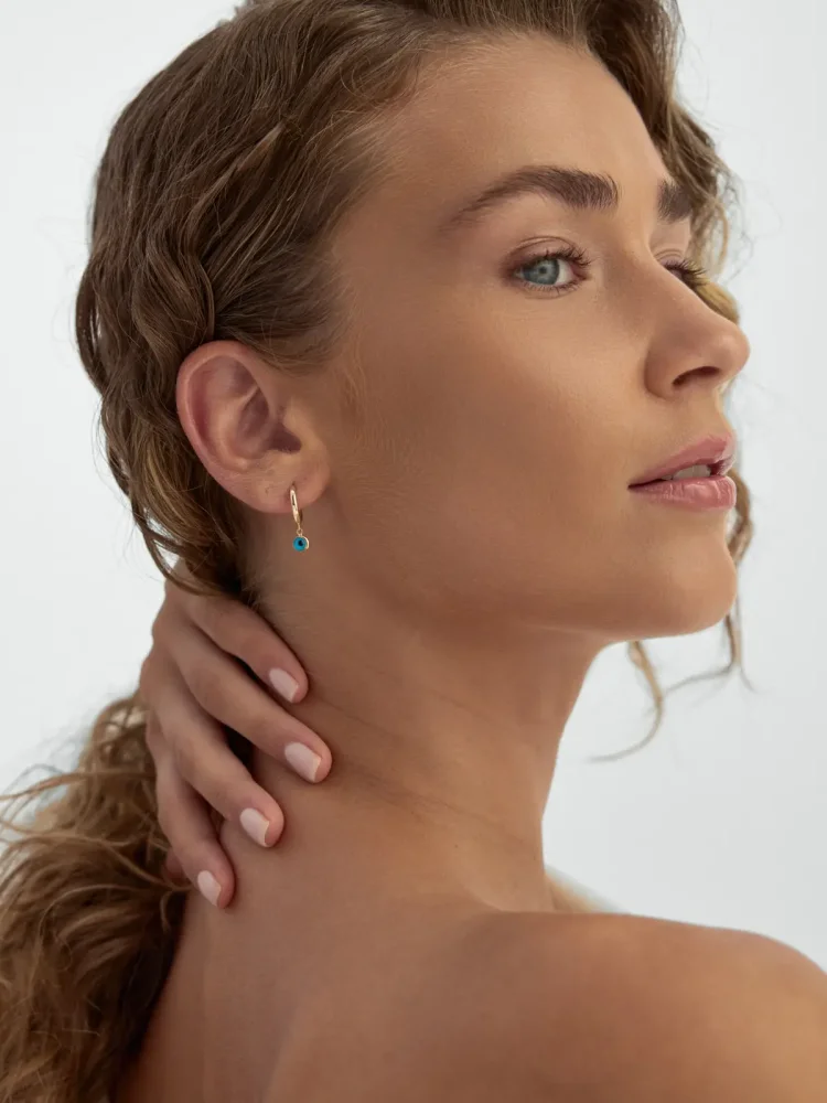 Nazar Boncuklu Sallantılı Halka 14K Altın Küpe - 4