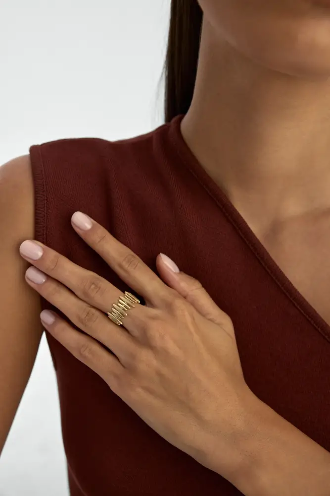 Oval Dizilimli Modern 14K Altın Yüzük - 3