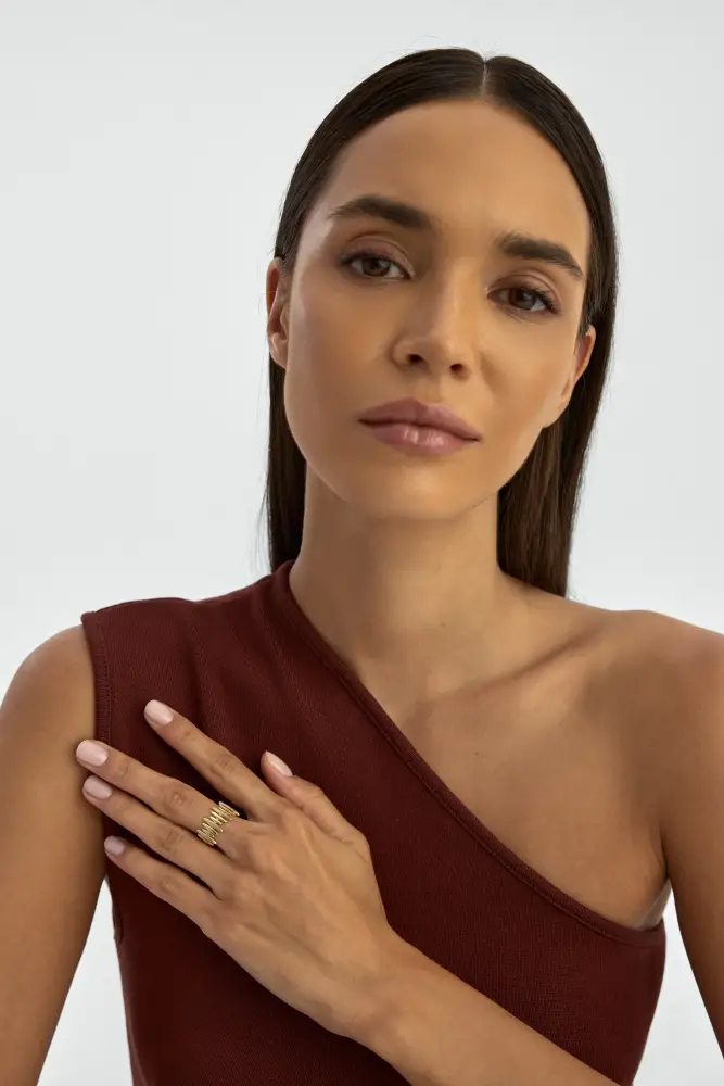 Oval Dizilimli Modern 14K Altın Yüzük - 4