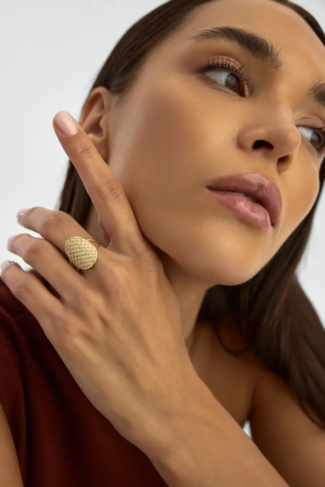 Oval Formlu Pırlanta Görünümlü 14K Altın Yüzük - 3