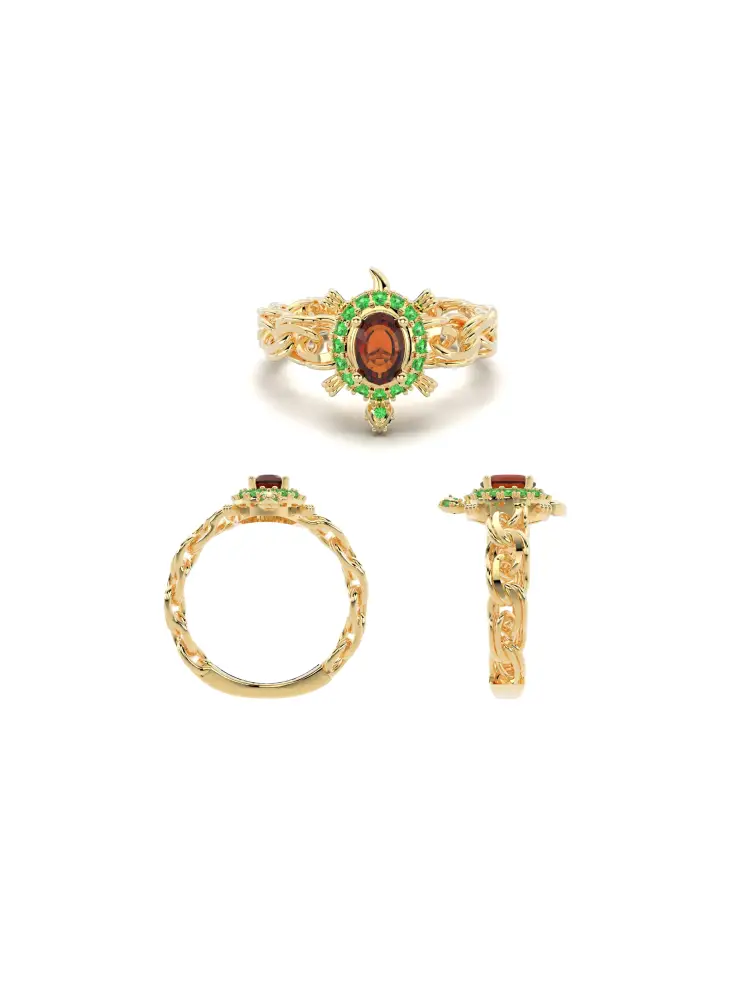 Oval Garnet ve Zümrüt Yeşili Taşlı Örgü Form Vintage 14K Altın Yüzük - 8