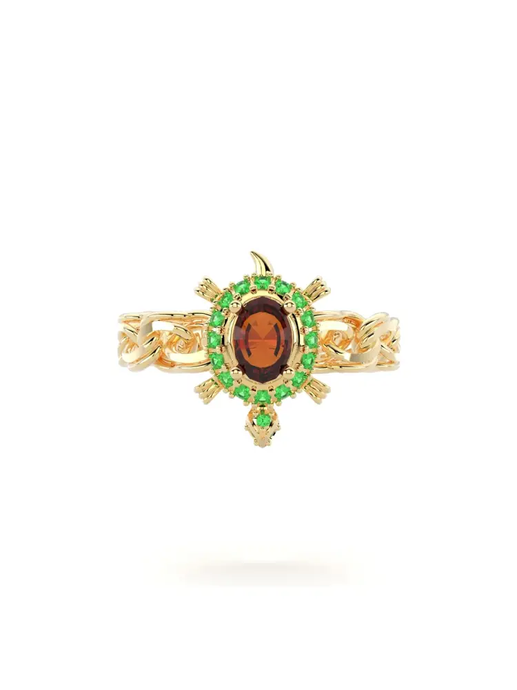 Oval Garnet ve Zümrüt Yeşili Taşlı Örgü Form Vintage 14K Altın Yüzük - 5