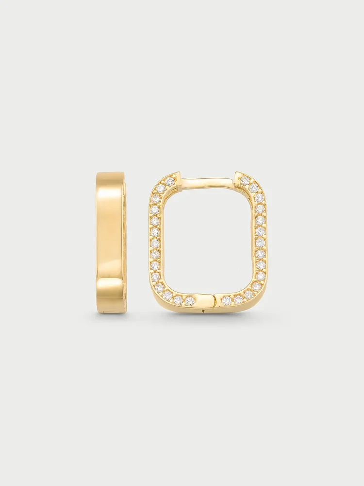 Oval Köşeli Sıralı Taşlı Küpe 14K Altın Küpe - 1