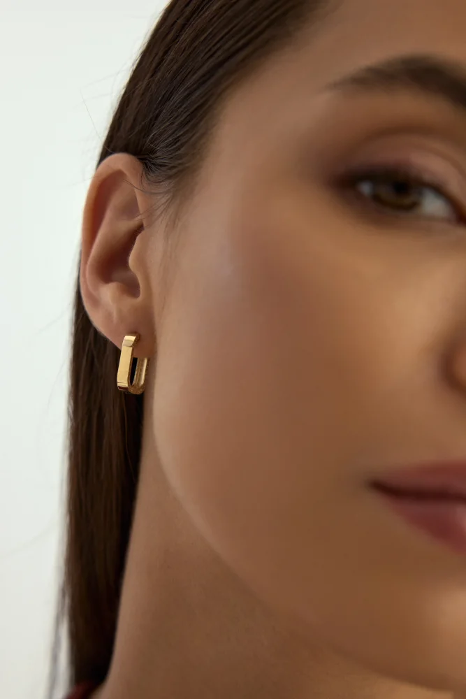 Oval Köşeli Sıralı Taşlı Küpe 14K Altın Küpe - 2