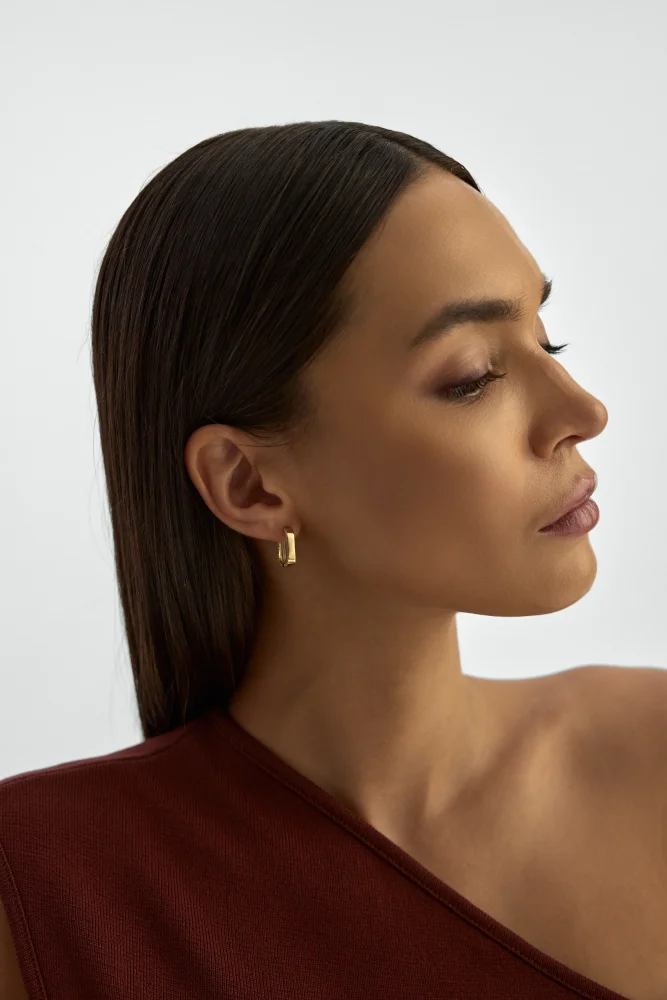 Oval Köşeli Sıralı Taşlı Küpe 14K Altın Küpe - 4