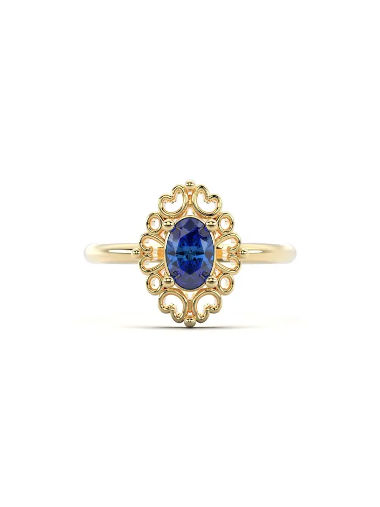 Oval Safir Rengi Taşlı Vintage 14K Altın Yüzük - 5