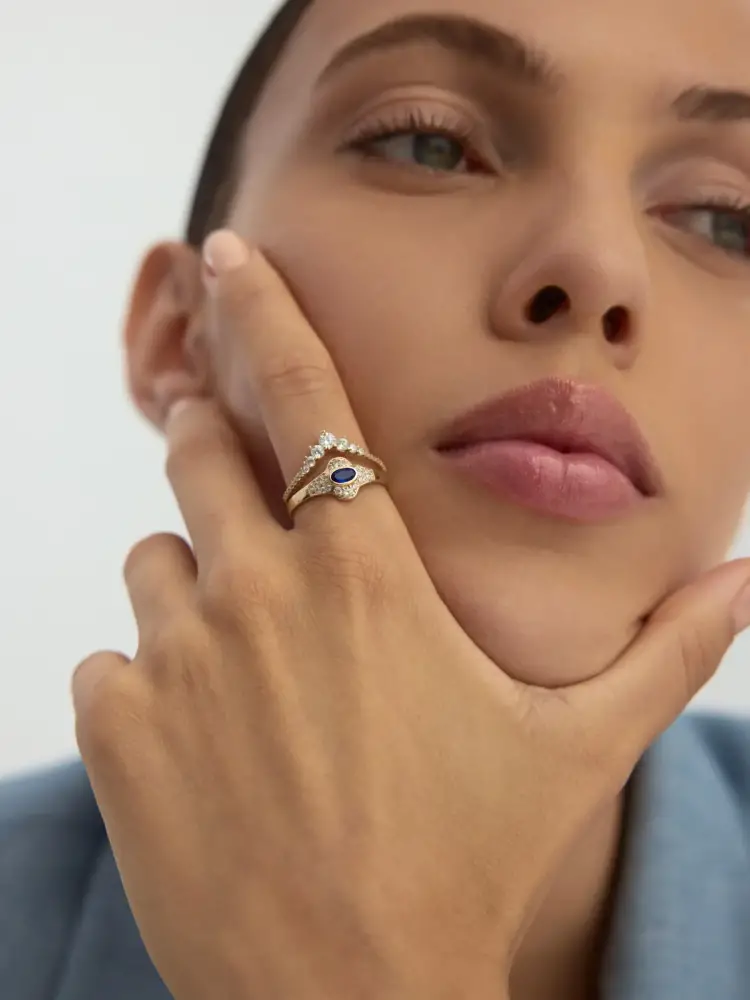 Oval Safir Rengi ve Pırlanta Görünümlü Vintage 14K Altın Yüzük - 2