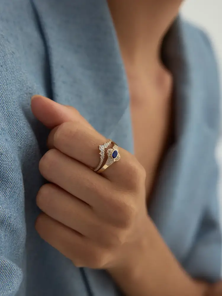 Oval Safir Rengi ve Pırlanta Görünümlü Vintage 14K Altın Yüzük - 3