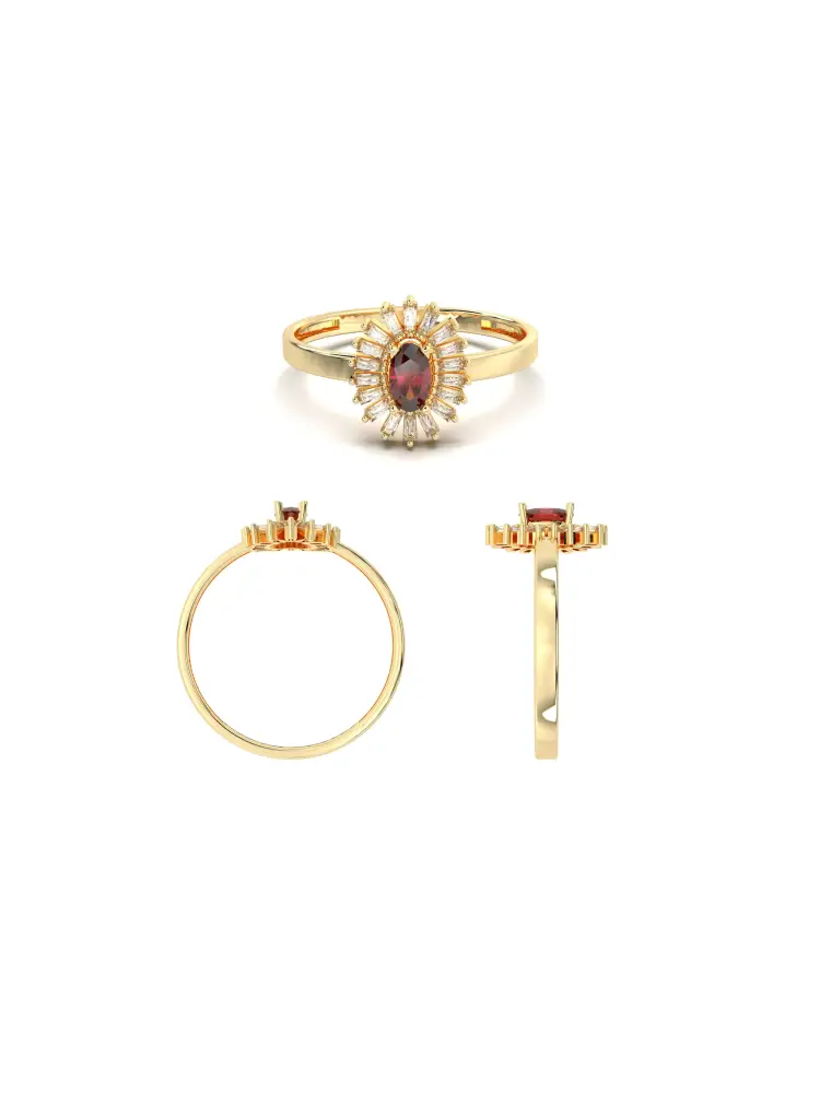 Oval Yakut Rengi Taşlı Baget Işıltılı 14K Altın Yüzük - 8