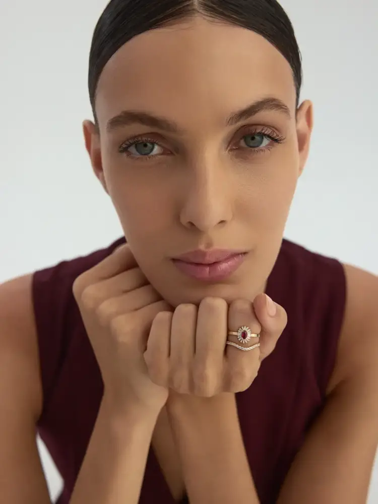 Oval Yakut Rengi Taşlı Baget Işıltılı 14K Altın Yüzük - 4