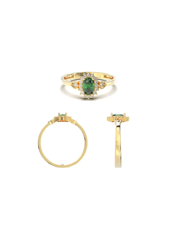 Oval Zümrüt Yeşili Taşlı Vintage 14K Altın Yüzük - 6