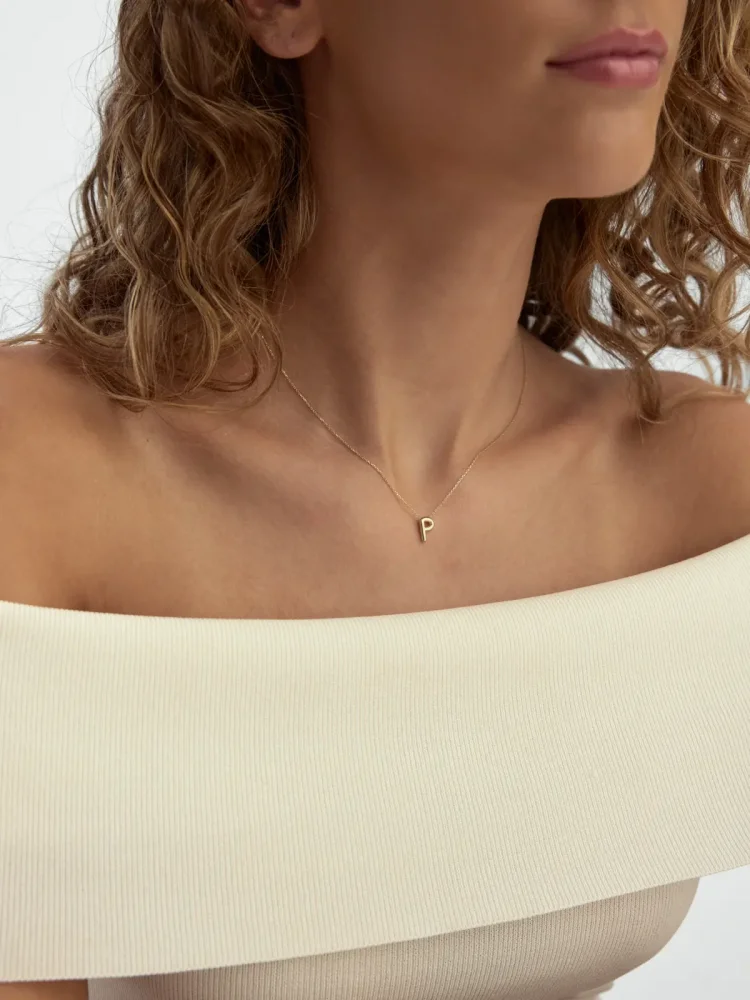 P Harfi Sade 14K Altın Harf Kolye - 2