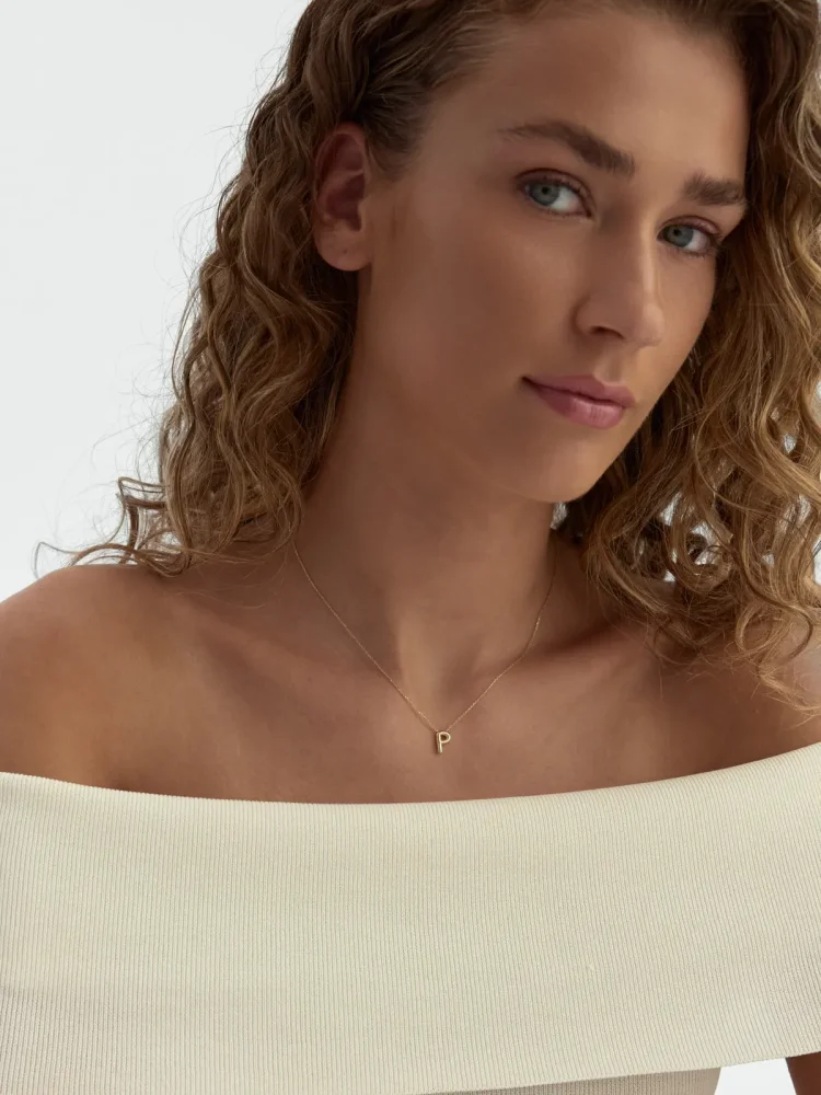 P Harfi Sade 14K Altın Harf Kolye - 3