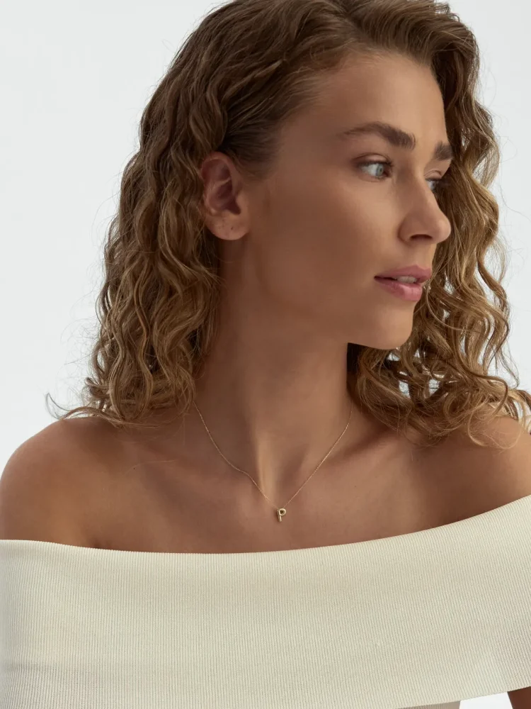 P Harfi Sade 14K Altın Harf Kolye - 4