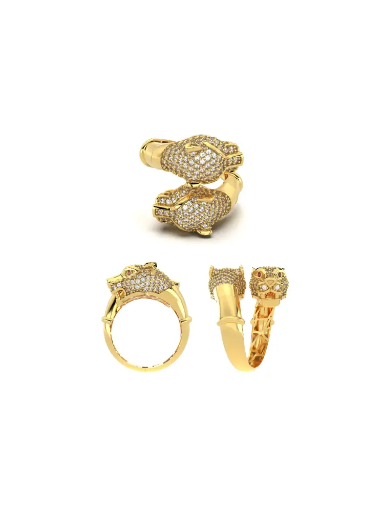 Panter Başlı Pırlanta Görünümlü 14K Altın Yüzük - 8