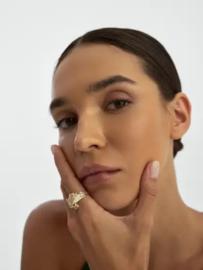 Panter Figürlü Geometrik 14K Altın Yüzük - (1)