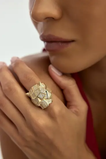 Panter Figürlü Lüks 14K Altın Yüzük - (1)