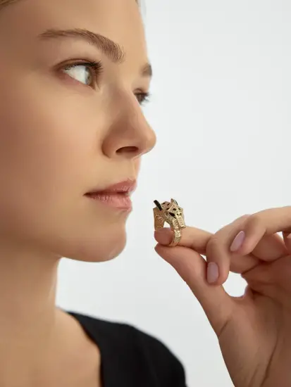 Panter Figürlü Modern 14K Altın Yüzük - (1)