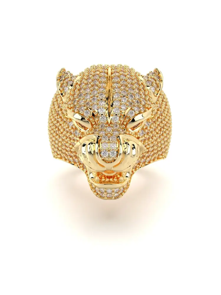 Panter Figürlü Pırlanta Görünümlü 14K Altın Yüzük - 1